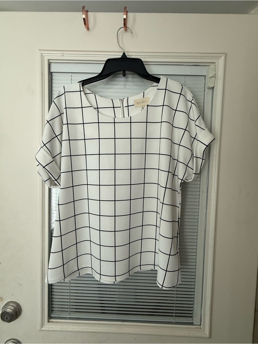 MELLODAY White Short Sleeve Windowpane Grid Top